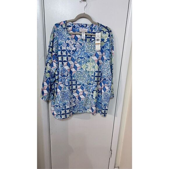 ALFRED DUNNER WOMENS BLUE GREEN CREW NECK BLOUSE SIZE 3XL P1-187 - Picture 4 of 9